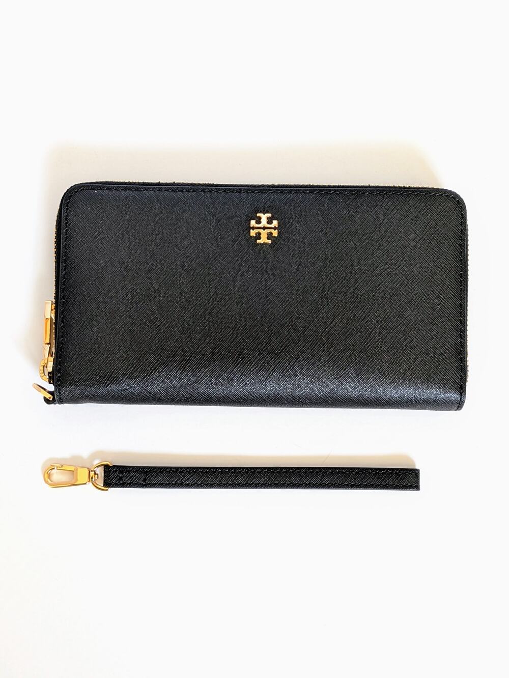 Tory Burch Emerson Zip Around Wallet Wristlet NWT Black Saffiano Leather Gold